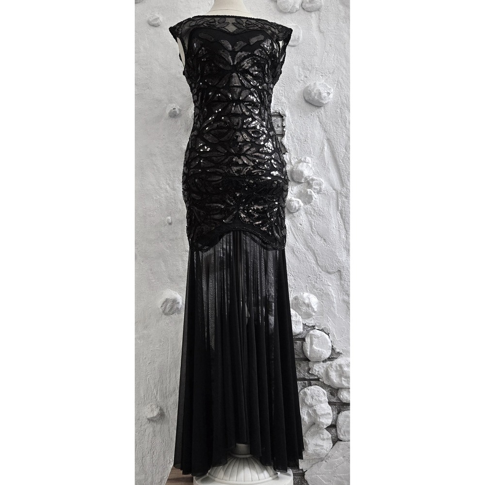 NWOT Black Sequin Mesh Overlay Gown Sleeveless Art Deco Evening Formal Dress